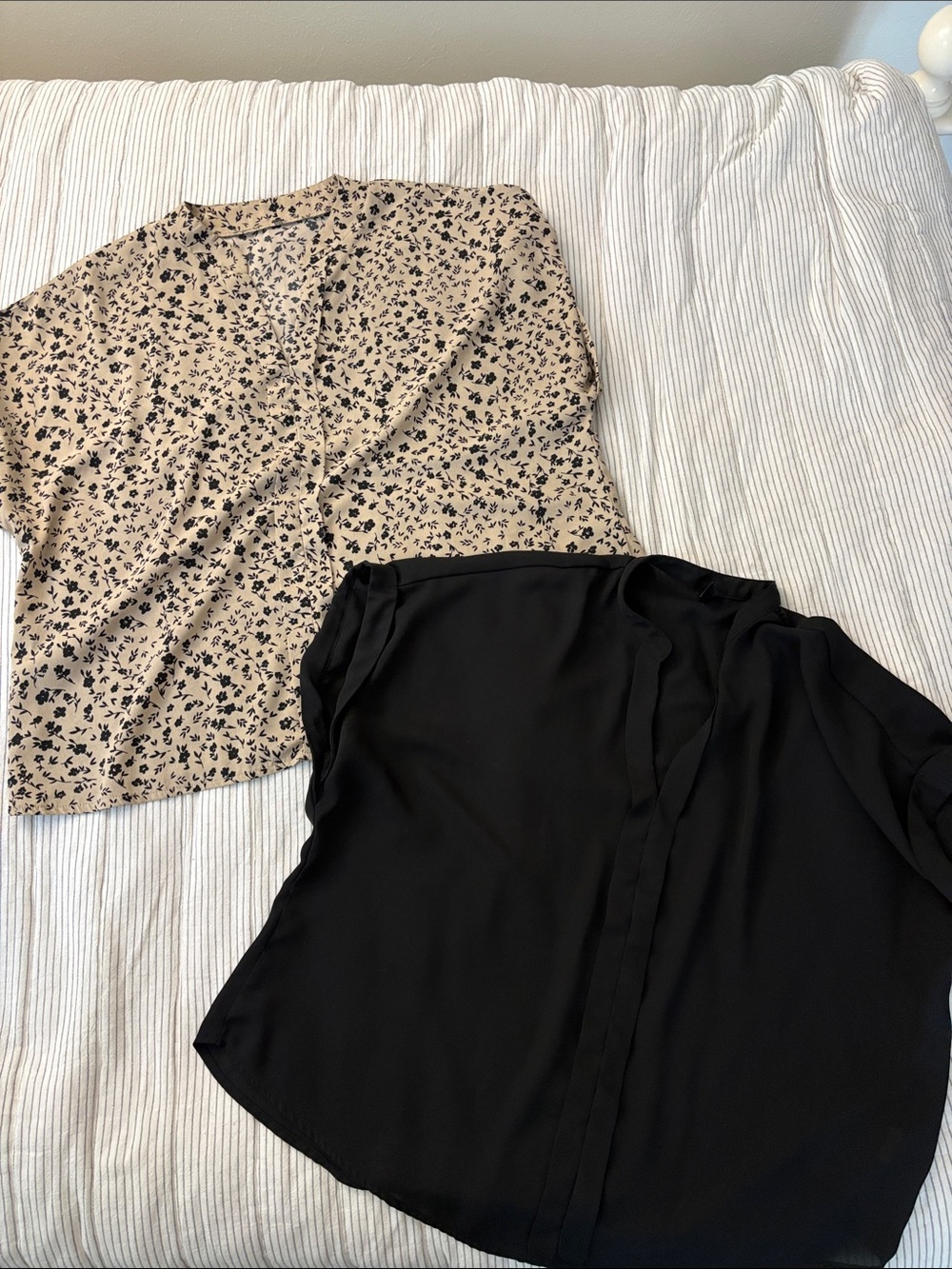 Two Women's Blouses - Black Solid Top & Beige Floral Top